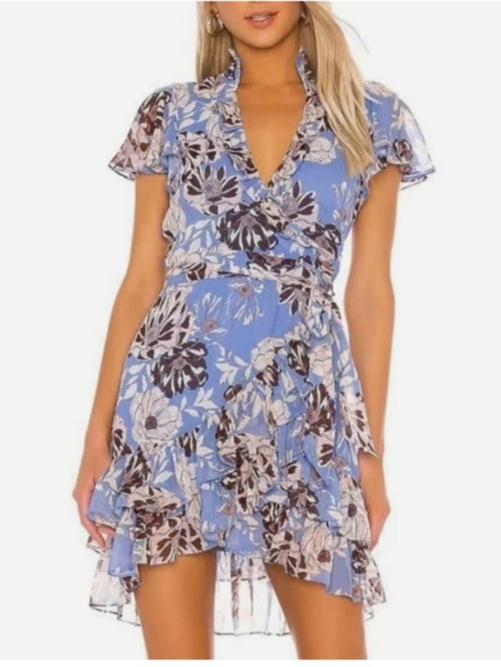 Alexis Melyssa Blue Brown Chiffon Wrap Floral Mini Dress L